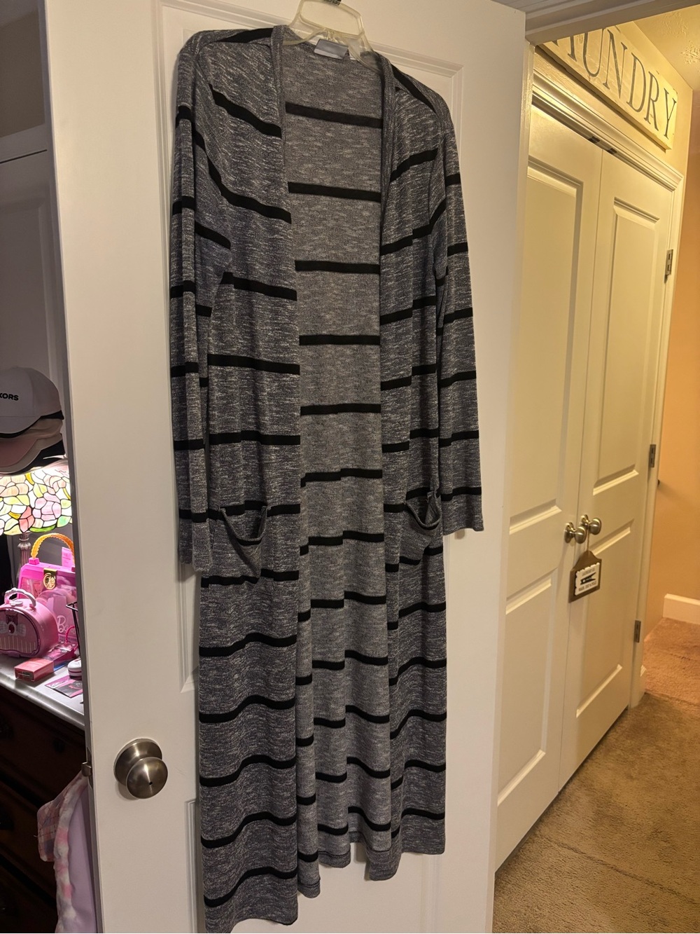 New York & Company Gray and Black Striped Long Sleeve Maxi Cardigan